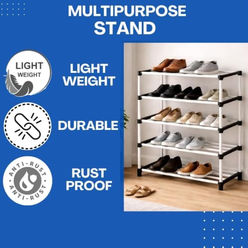 Image of Shoe Rack 5 Layer with Shelf, Thick Strong Pipes for Heavy Load Multipurpose Organizer Rack Shoe, Cloth & Book Storage Shelf for Home, Balcony, Living Room & Workspace