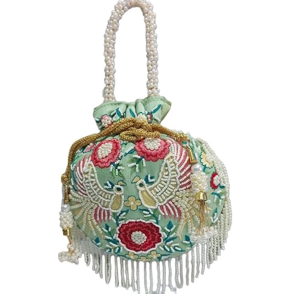Zari Handmade Wedding Potli Bag | Embroidery Handbag With Beaded Chain For Women