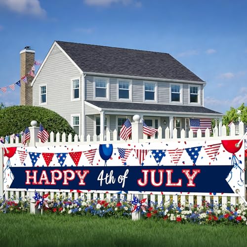 Image of BlissYard Happy 4th of July Banner 118 x 20 inch Patriotic Banner for Outside Independence Day Decorations Veterans Day Memorial Day American Flag Party Banner for Yard Fence Porch