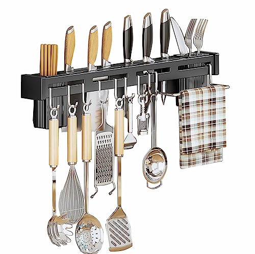 CYlovinho Wall Mounted Knife Holder, Stainless Steel Wall Mounted Multifunctional Kitchen Utensils for Hanging Knives, Spoons, Chopsticks, Towels (Black, 11.8''*2.16'')
