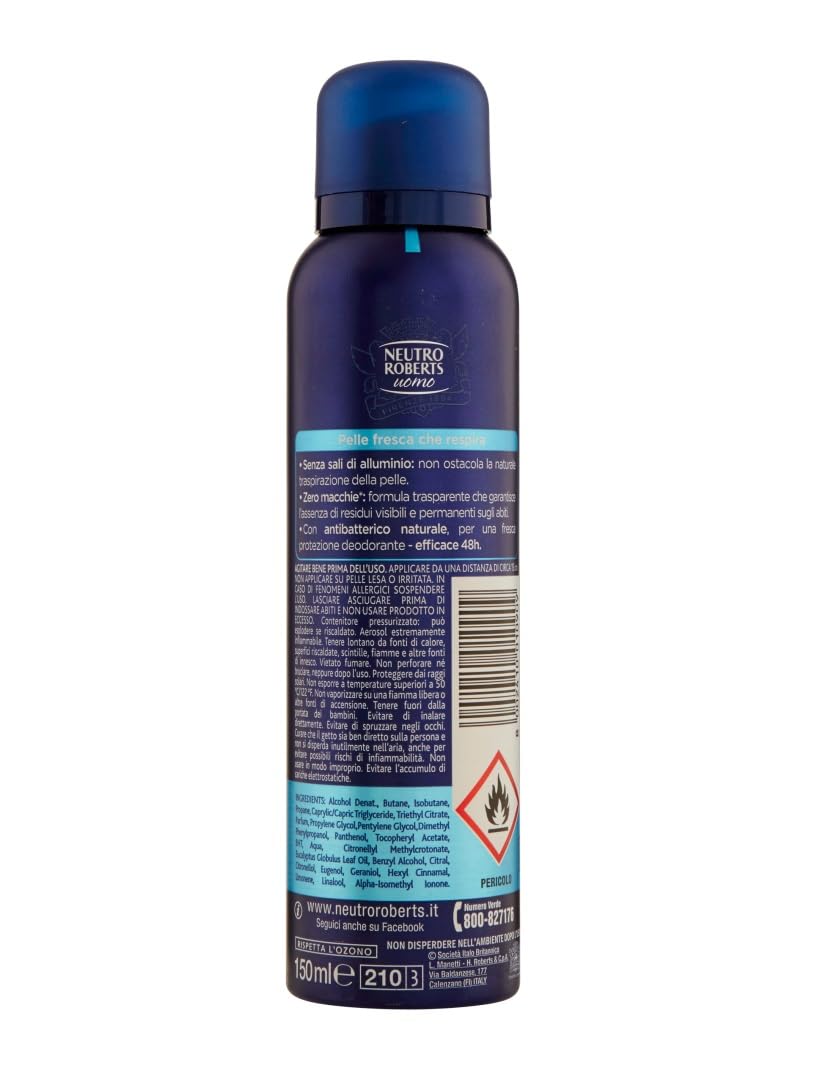 12x Neutro Roberts Deodorante Spray Uomo Fresco Essenza Marina,Deospray für Männer,Wirksam 48 Stunden Ohne Salze - 150ml + Beni Culinari Kostenloser Schlüsselanhänger