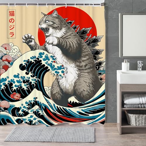 Image of Funny Japanese Cat Shower Curtain,Vintage Cat Art Japan Sunset Waterproof Shower Curtain with Hooks, Fabric Shower Curtains for Bathroom Decor 36X72inches