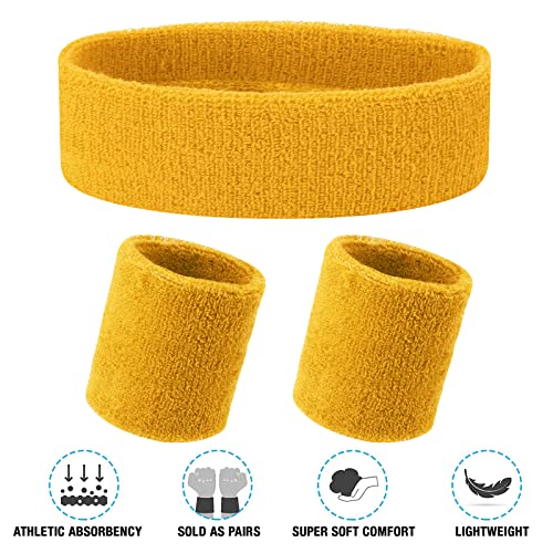 Yolev 3Pieces Sweatband Set Sports Headband Wristband (1 Headband And 2 Wristbands) Set Sweatbands For Athletic Men And Women (Yellow) #TOP4