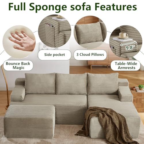 Image of 96.1 inch Modular Sectional Sofa with Ottoman, Modern Corduroy Cloud Couch, Boneless Couch Upholstered 3-Seater U-Shaped Sofa for Living Room, No Assembly (Camel, Right-Facing Chaise)