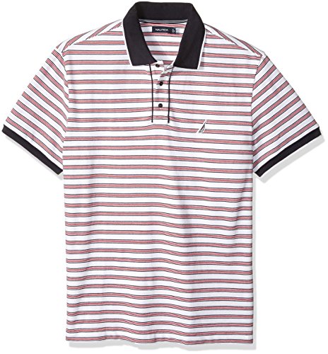 Nautica Men's Short Sleeve Classic Fit Striped Polo Shirt, Bright White, Medium