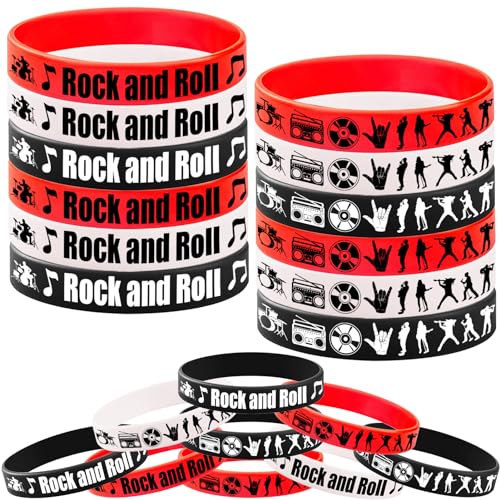 CupaPlay 24PCS Rock and Roll Rubber Bracelets -Rock and Roll Theme Party Supplies Decorations 80s 90s Party Music/Musical Birthday Baby Shower Silicone Wristbands Party Favors