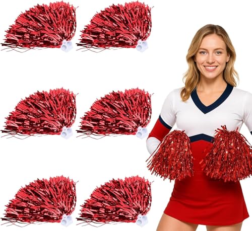 6 Pcs Pom Poms Cheerleading, with A Plastic Ring Handle Cheerleading Pom Poms for Children & Adults Sports Party Stage Performances