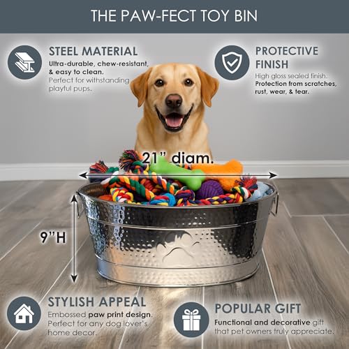 BREKX Stainless Steel Indestructible Dog Toy Bin - Pet Storage Bin with Handles, Large Organizer Storage Basket for Pet Toys, Blankets, Leashes - Pawprint Design Home Decor (Silver - 25 Quart)