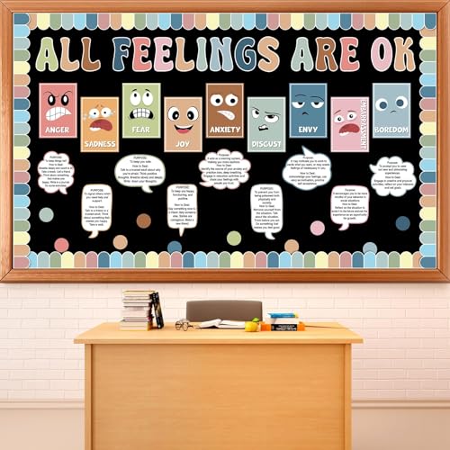 ZOIIWA Boho Mental Health Bulletin Board Decorations Set All Feelings are Ok Classroom Decor Back to School Emotion Inspirational Wall Decor Positive Cutouts for Counselor Therapy Calm Corner Supplie
