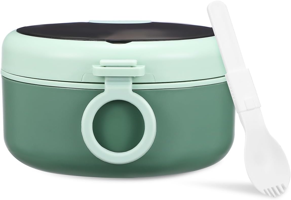 Cabilock Microwave Ramen Bowls with Lid, Stainless Steel Soup Mug with Spork, Microwave Container for Instant Noodles Oatmeal Gumbo Salad, Home and Go Food Container, Green