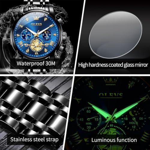 Image of OLEVS Watch for Man Analog Quartz Skeleton Chronograph Diamond Watches Stainless Steel Moon Phase Calendar Waterproof Dress Watches