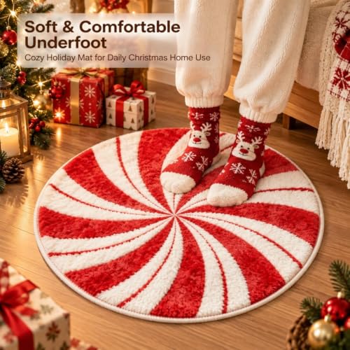 Aufmer Christmas Candy Swirl Door Mat 23.62 Inch Large Round Bathroom Rugs - image 6