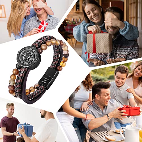 Image of Men's Bracelet Leather with Compass, Braided Leather Bracelets for Men Magnetic Clasp 7.5 /8.5 /9.5 inch Gift for Husband Boyfriend Father