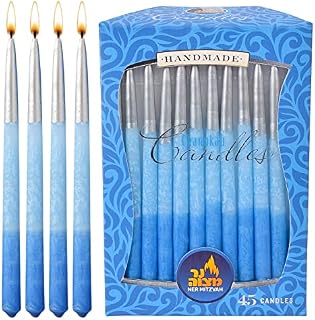 Dripless Chanukah Candles Standard Size - Decorated Ombre Blue & Silver Hanukkah Candles Fits Most Menorahs - Premium Quality Wax - 45 Count for All 8 Nights of Hanukkah - by Ner Mitzvah