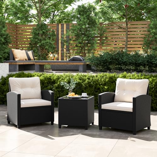 Image of Tangkula 3 Piece Patio Furniture Set, Rattan Conversation Set w /Soft Seat & Back Cushions, Tempered Glass Topped Coffee Table, Cushioned Wicker Seating Set for Backyard, Porch, Poolside (Off White)