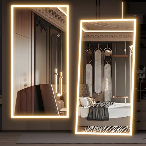 NEUWEABY Ganzkörperspiegel mit Lichtern 180x80cm Ganzkörperspiegel mit Licht beleuchteter Bodenspiegel LED-Spiegel volle Länge Wandmontage Dimmen und 3-farbige Beleuchtung