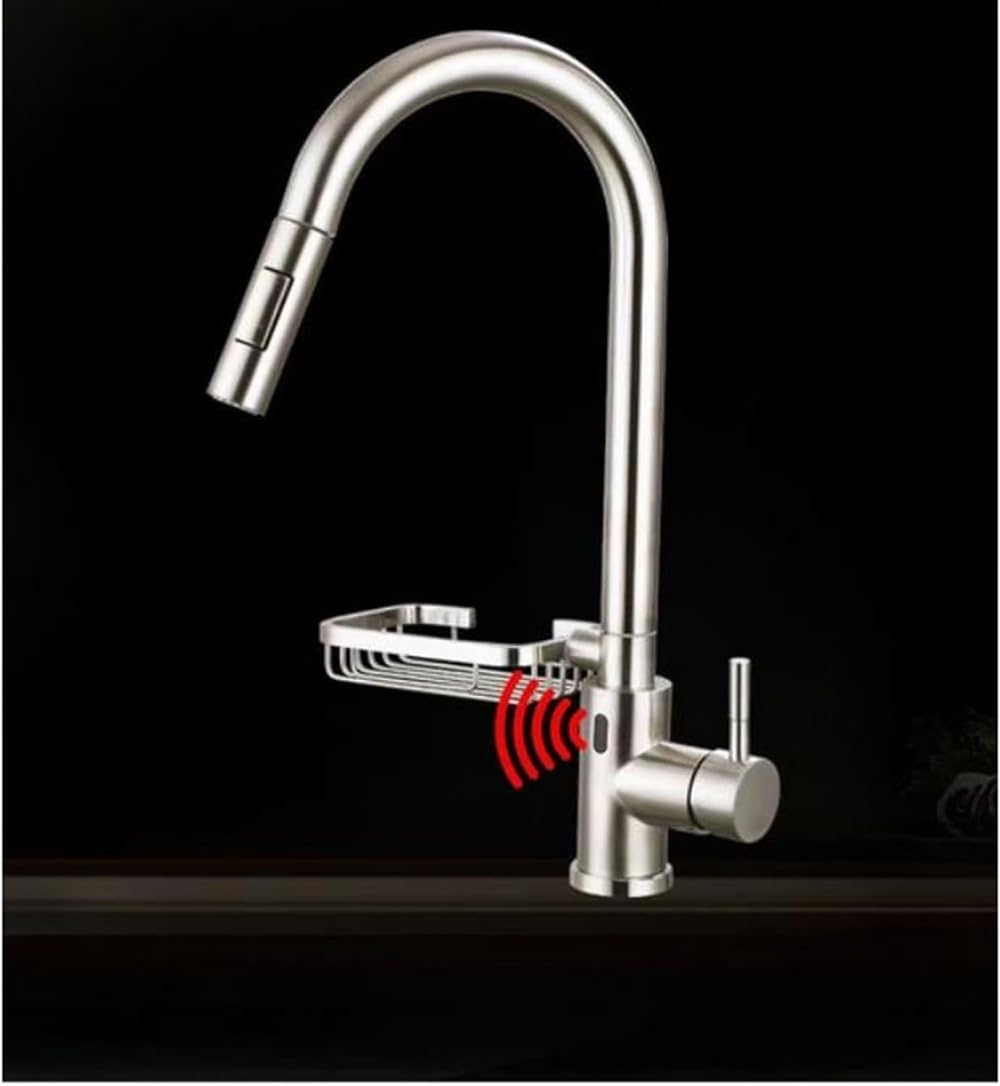 Touch- Steel Kitchen Faucet with Shelf, Pull-Out 360° Swivel Faucet ， Hot Cold Faucet for Home RV Hotel -Black(White)