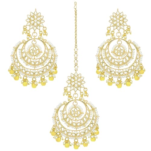 Image of Peora Traditional Jewellery Rhodium Kundan & Pearl Maang Tikka Earring Set for Women Girls