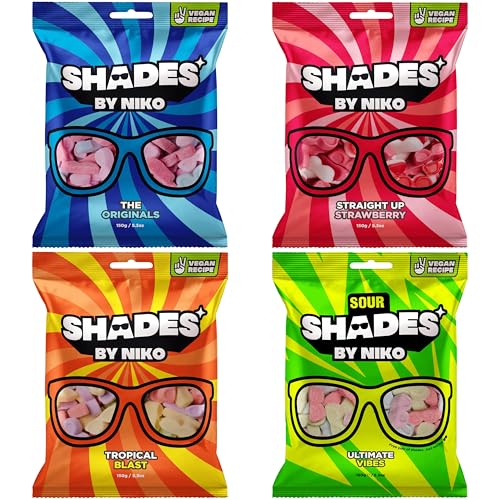 Shades by Niko Vegan Gummy Sweets All 4 Flavours 4 Pack The Originals Tropical Blast Straight Up Strawberry & Sour Ultimate Vibes Halal Fruit Flavoured Candy 4 x 150g Pouches 600g