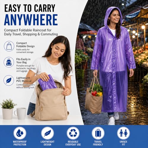 Image of OTOROYS Waterproof Long Rain Coat with Hood for Men, Women, Boys & Girls | Universal Full Length Reusable PVC Raincoat | Lightweight Portable Rain Ware for Bike Riding, Travel & Outdoor, Purple