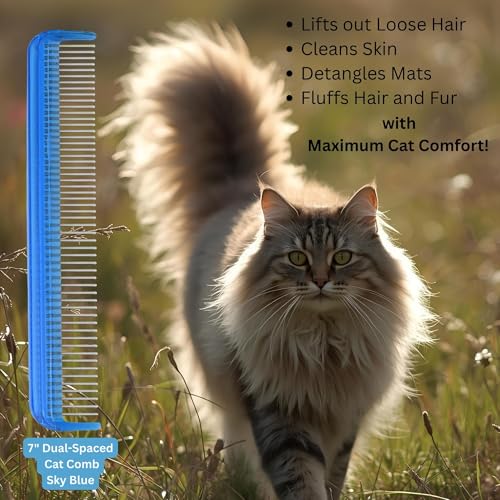 Image of Cat Comb - 7 inch Dual-Spaced Rotating Teeth Comb, Blue - Stimulates Natural Oil Production, Prevents Static Build Up, Made in USA, Vet Recommended, Hand Assembled