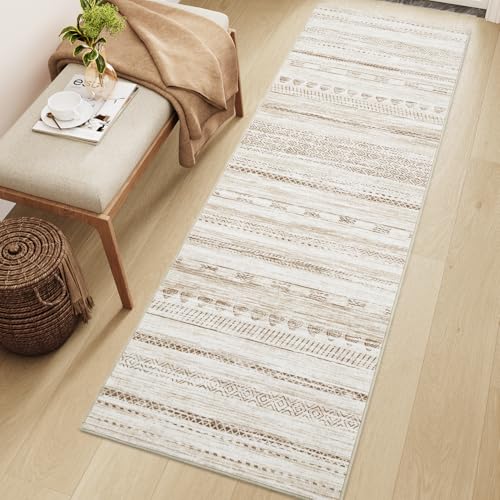 2x6 Runner Rug Machine Washable Non Slip Area Rug Distressed Neutral Moroccan Boho Rug Ultra Soft Floor Runners for Hallways for Entryway Laundry Room Kitchen, Light Brown