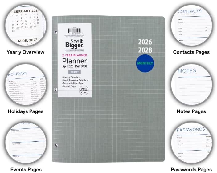 2-Year: Apr 2026 – Mar 2028 Monthly Planner, Specialized Large Print, Size 8.5'' X 11'', Assorted Covers, and Ballpoint Stylus Pen.