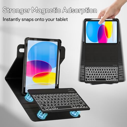 Image of YBING for iPad A16 Case with Keyboard 11th &10th Generation, 360 Rotation Magnetic Cover with 7-Color Backlit Wireless Detachable Keypad with Pencil Holder for iPad 11th 2025 /10 Gen 10.9 inch 2022 (Black)