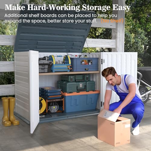 Image of UDPATIO 35 Cu.Ft Horizontal Outdoor Storage Shed, Resin Outdoor Cabinet Waterproof & Lockable for Generator, Garbage Can Garden Tools, White, White & Grey Trim