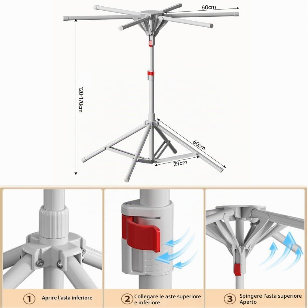 HEYOUTH Stendibiancheria Pieghevole con 6 Stanghe Estendibile - Spazio Ridotto in Acciaio Carbonio per Balcone, Campeggio, Interno ed Esterno | Grigio