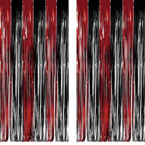 Rideaux Métallique Noir Rouge - GREATRIL Serpentins Rideau Anniversaire de Fond pour Stranger Casino Soirée Cinéma Fête Décorations
