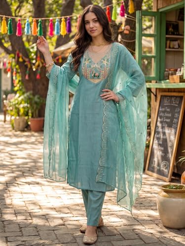 Image of INDO ERA Solid Straight Pure Cotton Kurta with Pant & Dupatta Set for Women