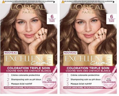 L'Oréal Paris - Excellence Crème - Kit de Coloration Permanente Triple Soin de Cheveux - 100% Couverture Cheveux Blancs - Nuance 6 Blond Foncé (Lot de 2)
