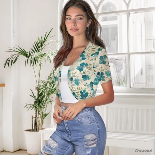Image of Womens Short Sleeve Cardigans Lightweight Summer Cardigan Trendy Bolero Shrug Cute Floral Cardigan Sheer Bolero
