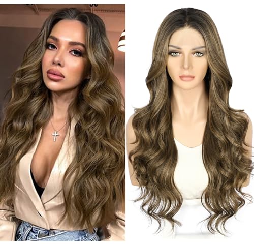 Sapphirewigs Brown Lace Front Wig Synthetic Body Wave Ombre Brown Balayage Synthetic Lace Front Wigs Party Date Daily Wear Christmas Natural Looking 26 inch
