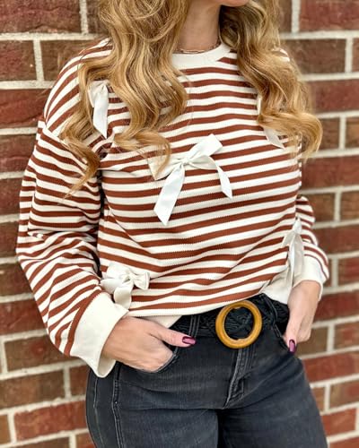 Women's Cute Bow Sweater Striped Long Sleeve Crewneck Pullover Sweaters Holiday Trendy Tops3