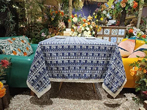 Rectangle Tablecloth 60 X 84 Inch, Indian Boho Table Cloth, Jaipur India Elephant Hippie Bohemian Decorative Style Cover For Parties, Camping, Picnic, Kitchen, Dining (Blue Elephant, 60X84) #TOP7
