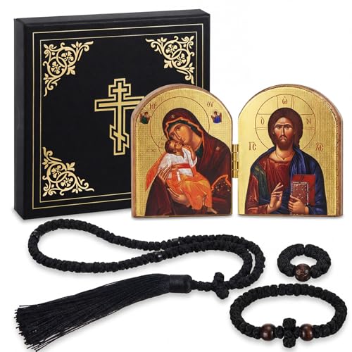 Kigeli 4 Pcs Orthodox Prayer Set with Mini Orthodox Icon Diptych Handmade 100 Knot Prayer Rope and Christian 33 Knots Bracelet and Finger Ring for Spiritual Blessing Baptism Easter Gift