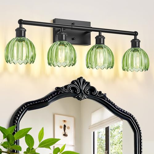 Image of Vanity Lighting Fixtures,4 Light Bathroom Vanity Light,Black Bathroom Light Fixtures Over Mirror,27.2 in Vintage Sconce with Green Tulip Glass Shade for Bedroom,Dressing Table, E26 Base