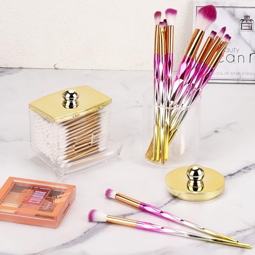 Image of Tbestmax 2 Pack Qtips Dispenser - Bathroom Organizers and Storage Containers, Plastic Apothecary Jars with Gold Lids for Cotton Ball Swab Round Pads, Floss