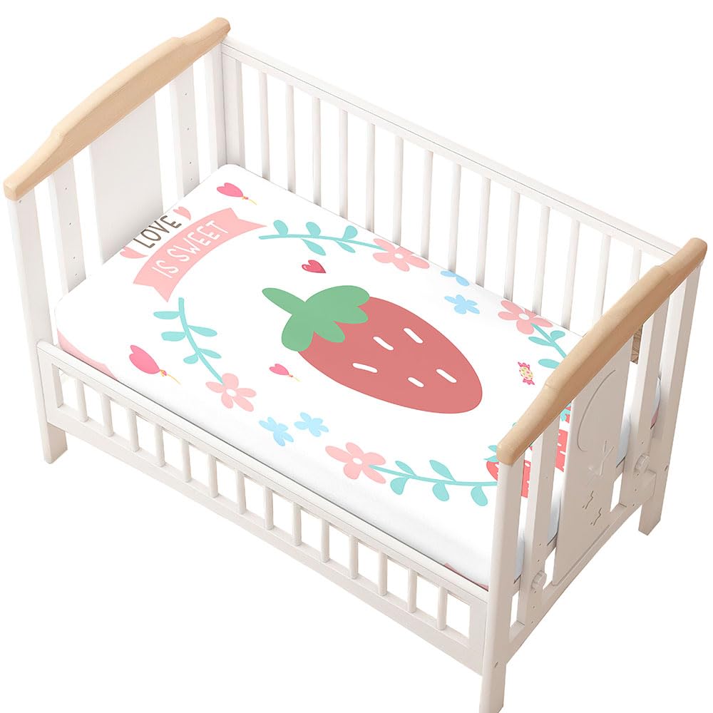 Odot Cot Bed Sheets, Strawberry Print Bedside Cribs Fitted Sheets, Baby Bed Sheets Microfiber Cot Bed Mattress Protector, Bassinet Sheets, Easy Care Soft and Dureable (70x140 cm,White)
