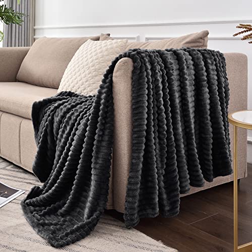 Image of BEDELITE Fleece Blanket Full Size for Couch - 3D Ribbed Jacquard Soft and Warm Decorative Fuzzy Blanket - Cozy, Fluffy, Plush Lightweight Black Throw Blankets for Bed, Sofa, 84x90 inches