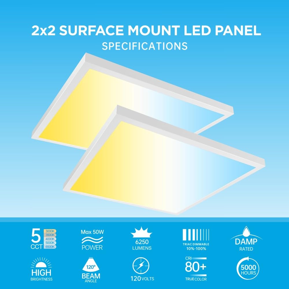2x2FT Led Flat Panel Light Surface Mount Ceiling Light, 5CCT 3000K/3500K/4000K/5000K/6500K 120V TRIAC Dimmable, Max 50W 6250Lumens, Flush Mount or Drop Ceiling for Office Kitchen Garage, 2 Pack