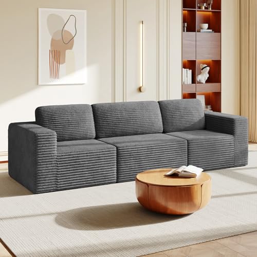 Image of Vesgantti 119 inch Modular Sectional Sofa, Corduroy Cloud Couch with Deep Seating & Spring Support, 3 Seater Flexible Layout Sofa, Boneless Couch for Living Room & Apartment, No Assembly Required, Grey