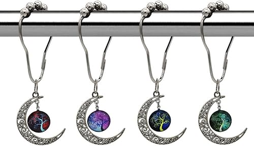 Kinwot Juego de 12 ganchos decorativos para cortina de ducha de árbol de la vida de la luna para baño, anillos de cortina de ducha de metal a prueba