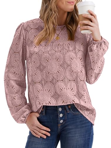 Image of OFEEFAN Blouses for Women Dressy Casual Spring Tops 2026 Summer Outfits Flower Lace Crochet Long Sleeve Shirts