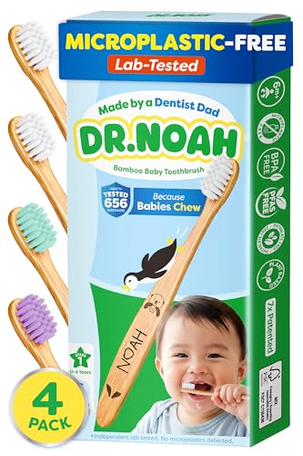 Dr. Noah Microplastic-Free Bamboo Baby Toothbrush | Dentist Designed | 656 Substances Safety Tested | BPA PFAS & Phthalate Free | 4 Pack |Soft Bristles | Infant to Toddler 6-12 Months Age 2-4 Kids