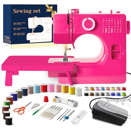 Portable Mini Sewing Machine for Beginners 14 Stitches Easy Dial Control LED Light & Extension Table Compact Lightweight for Home DIY Mending Ideal Gift for Kids Adults Bright pink
