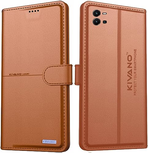 Image of Compatible with Vivo Y35 Flip Cover | Leather Finish | Inside Pockets & Inbuilt Stand | Shockproof Wallet Style Magnetic Closure Back Cover Case