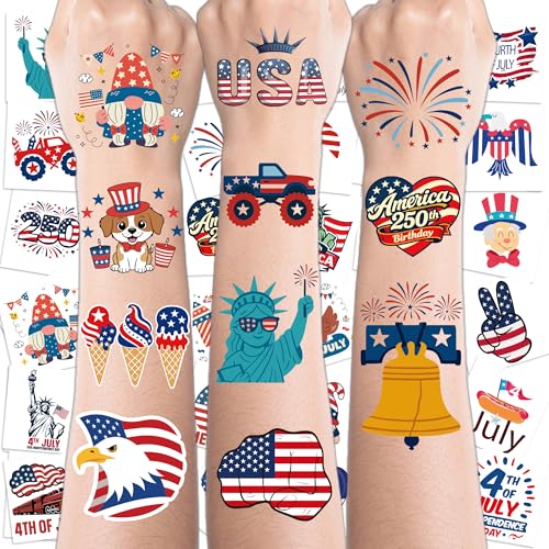 250th Anniversary USA Shirt - 150 PCS 4th of July Tattoos | 4th of July Outfits for Women - American Flag Red White Blue Decor for Fourth of July Accessories Merchandise Decorations Supplies Favors